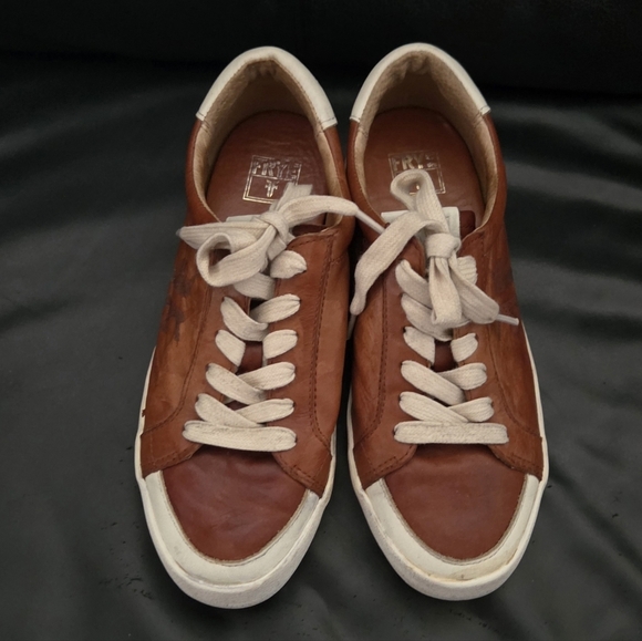 Frye Kira Leather Low Top Sneakers Tan Factory Distressed Lace up Womens 6 US - Picture 9 of 10